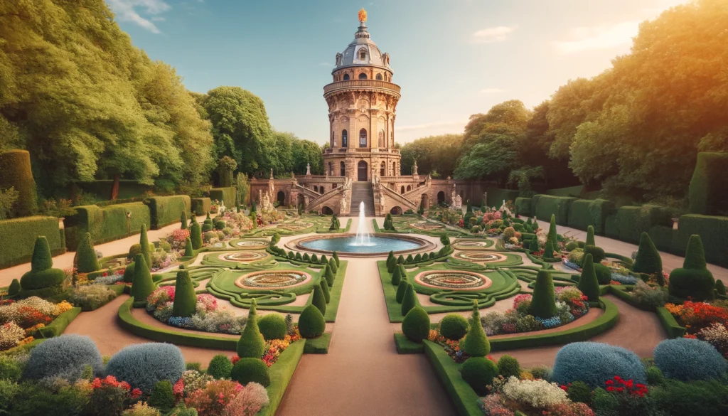 Wasserturm und Rokoko-Garten in Mannheim (KI-Bild)